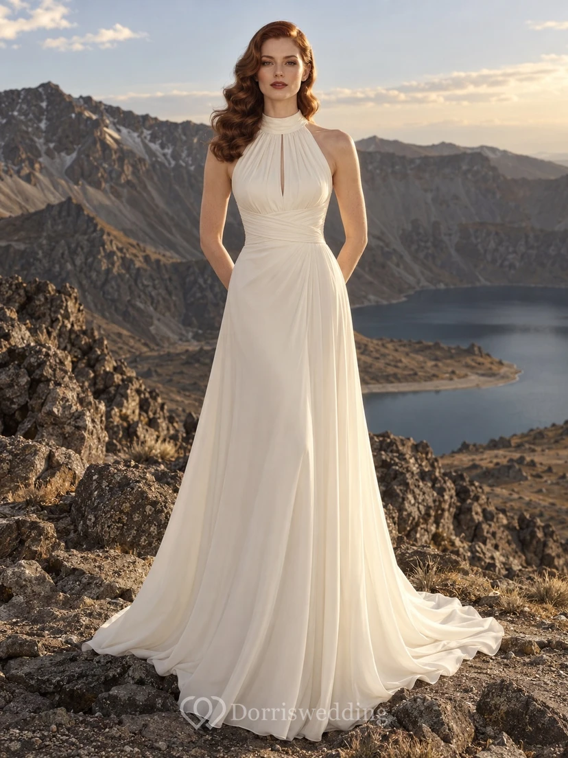 Brautkleid aus Georgette mit hohem Kragen und Neckholder, plissiertem Oberteil und fließender A-Linien-Schleppe