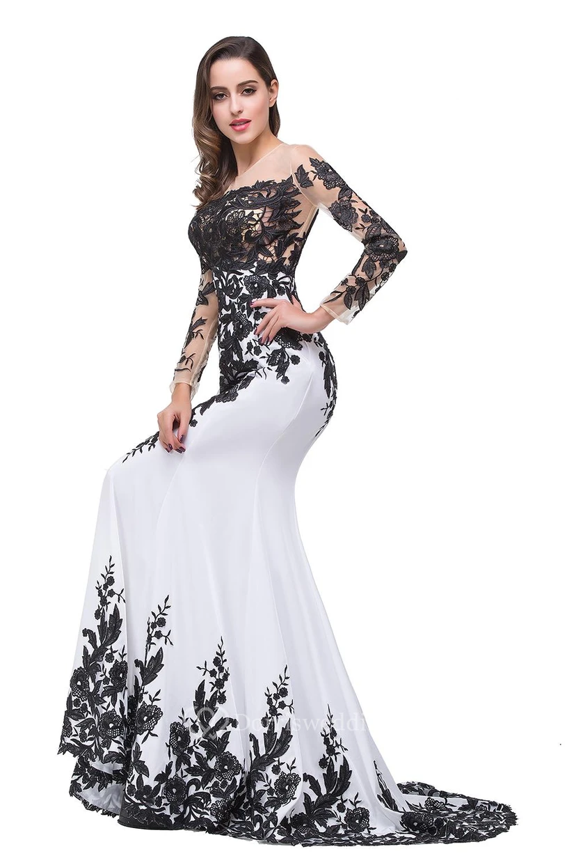 Robe de soirée sirène glamour à manches longues, ornée d'appliqués noirs, robe de mère view 2