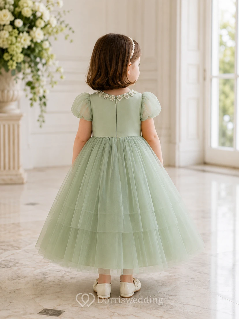 Sage Puff Sleeve Tiered Tea-Length Ball Gown Flower Girl Garden Wedding Tulle Dress view 2