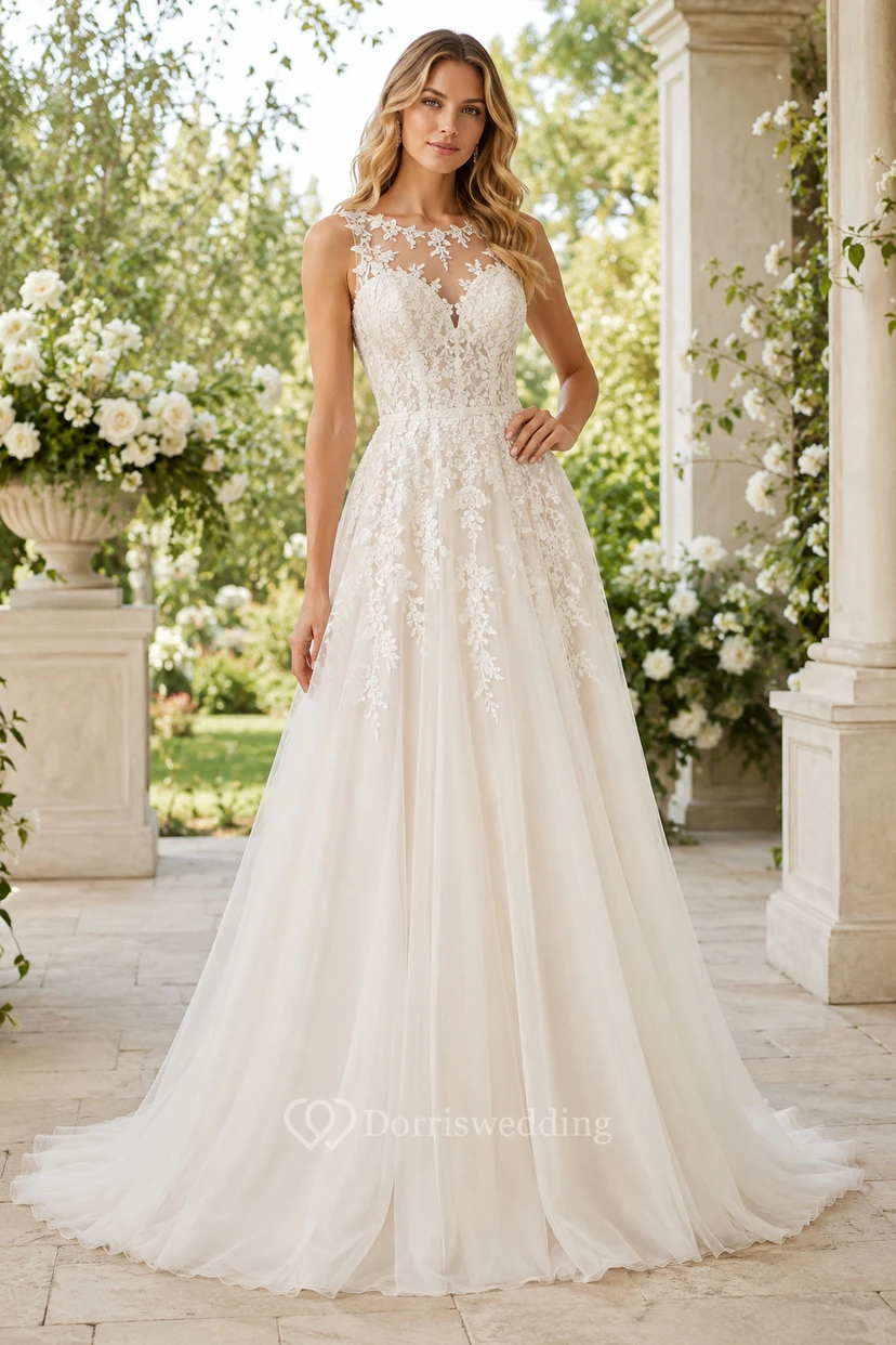 Evening Gown Ivory Lace Tulle A-Line V-Neck Sleeveless Chapel Train