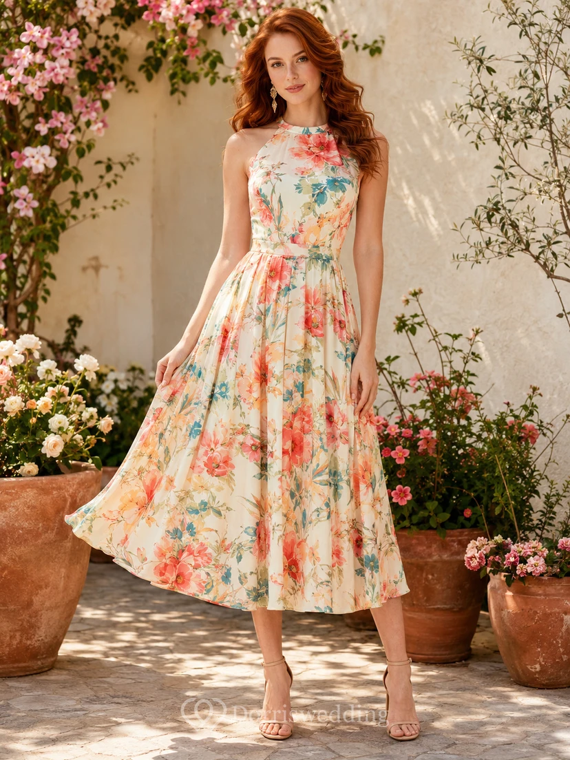 Vestido de jardín de corte A con escote halter y estampado floral coral, largo hasta la rodilla.