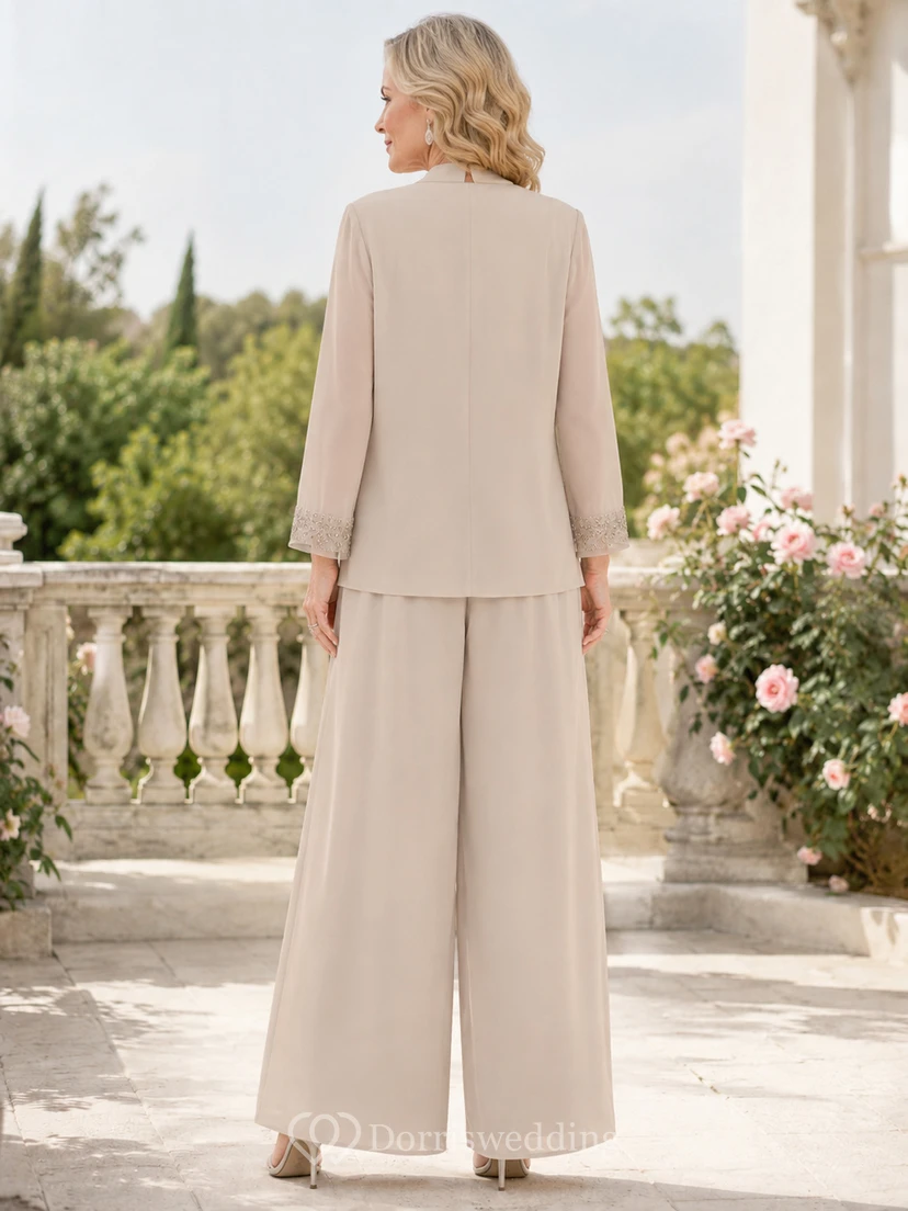 Mother Champagne Chiffon Jumpsuit with V-Neck Side Drape Jacket and Floor Length Pants view 2