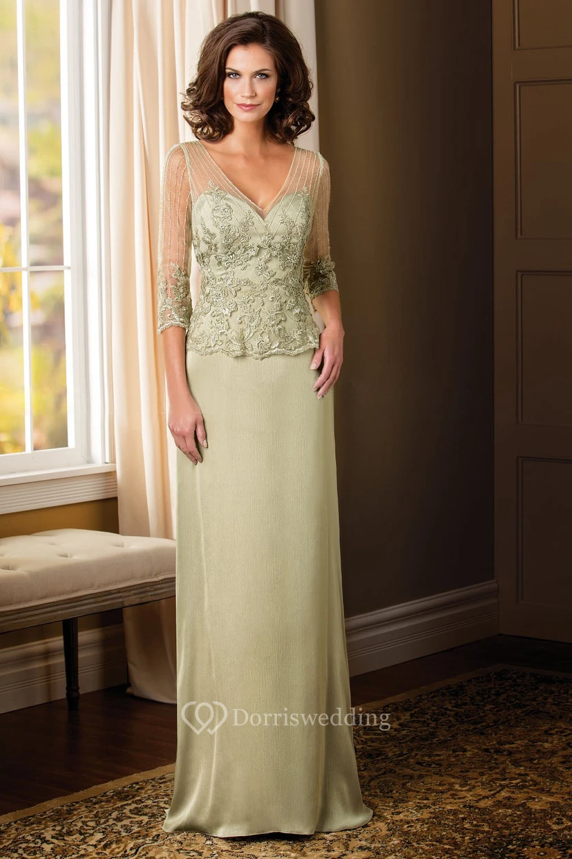 3-4 Sleeved Long Mother Of The Bride Dress With Appliques And V-Back