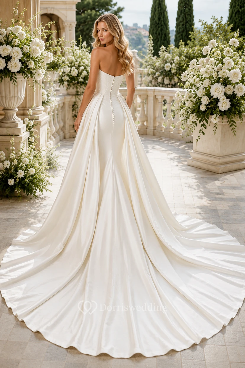 Robe de mariée sirène en satin, bustier cœur, traîne chapelle view 2