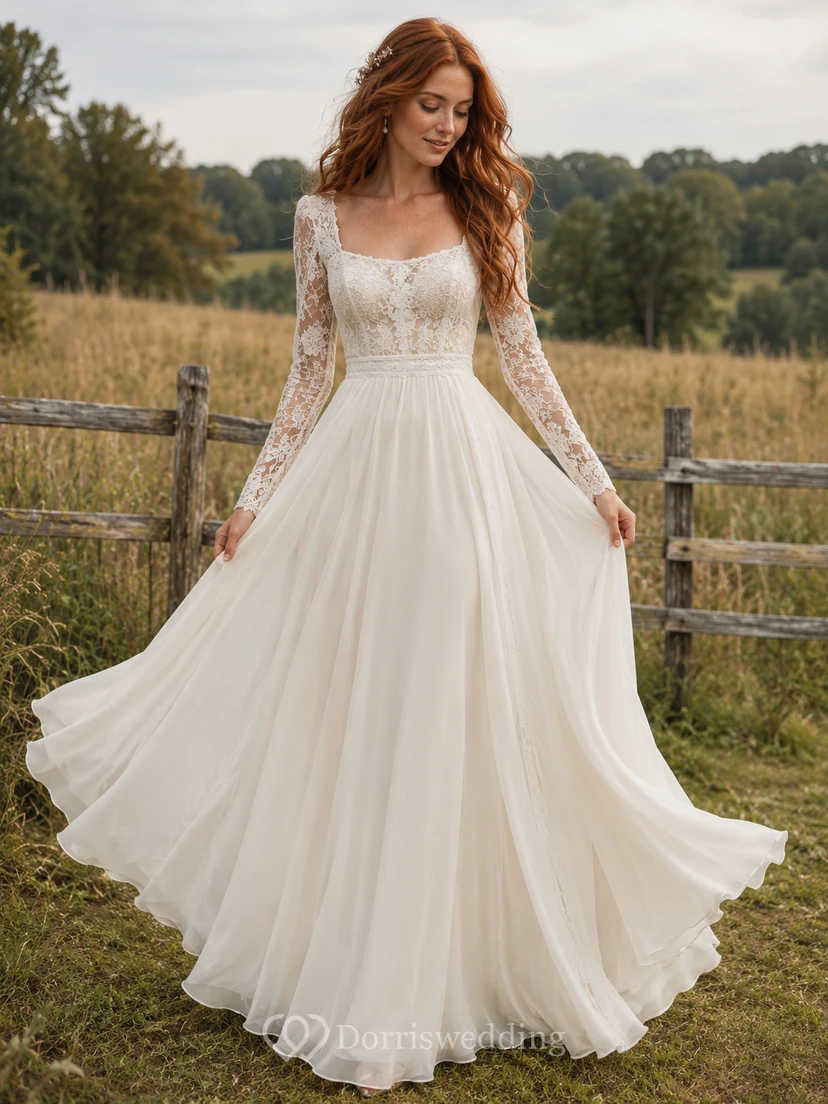 Robe de mariée bohème en tulle et dentelle à manches longues et col carré