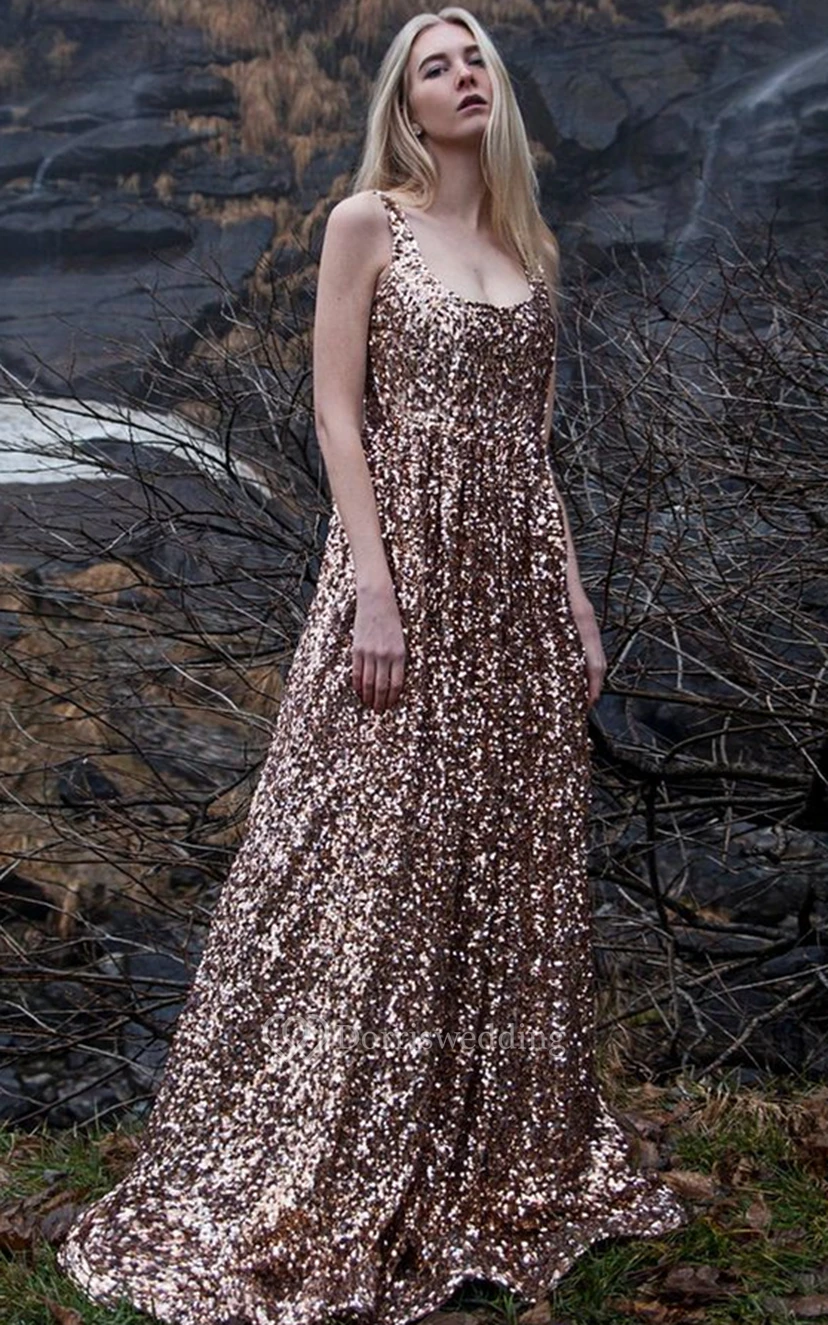 Paillettenbesetztes, modernes, eckiges A-Linien-Abendkleid mit eckigem Ausschnitt