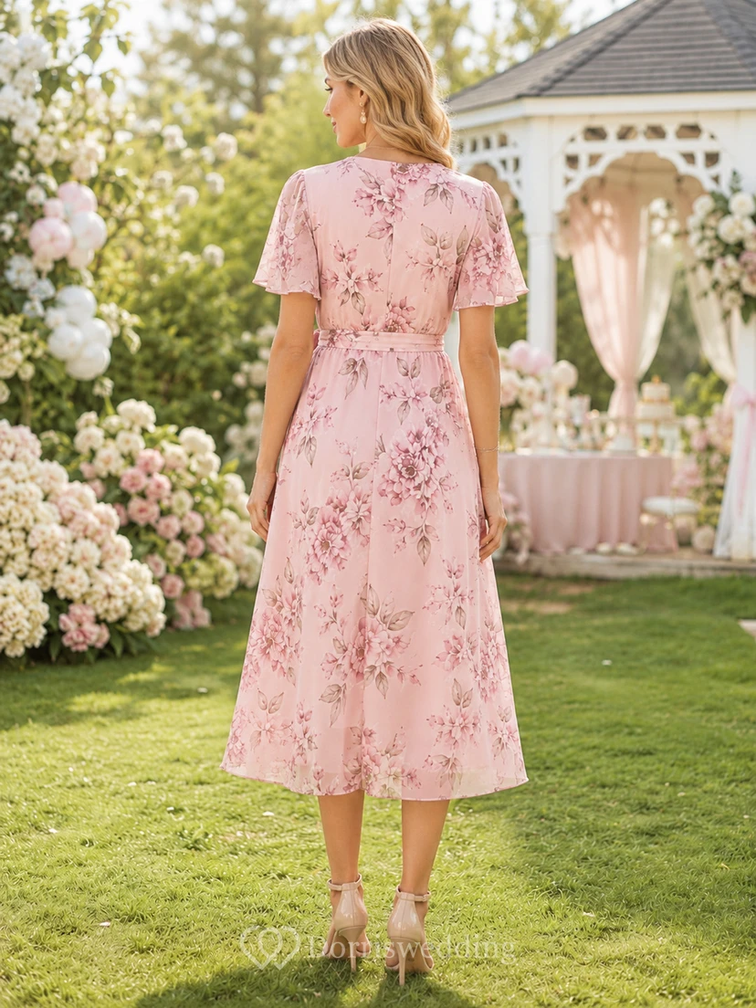 Pink Floral Wrap Short Sleeve Nursing Friendly Midi Dress view 2