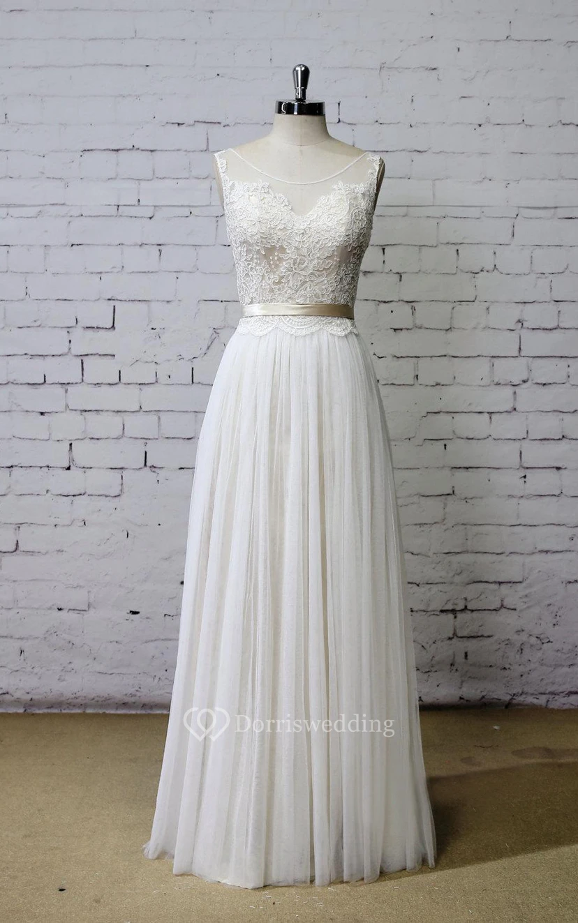 Scoop Neck A-Line Tulle and Lace Vow Renewal Dress With Pleats and Satin Sash
