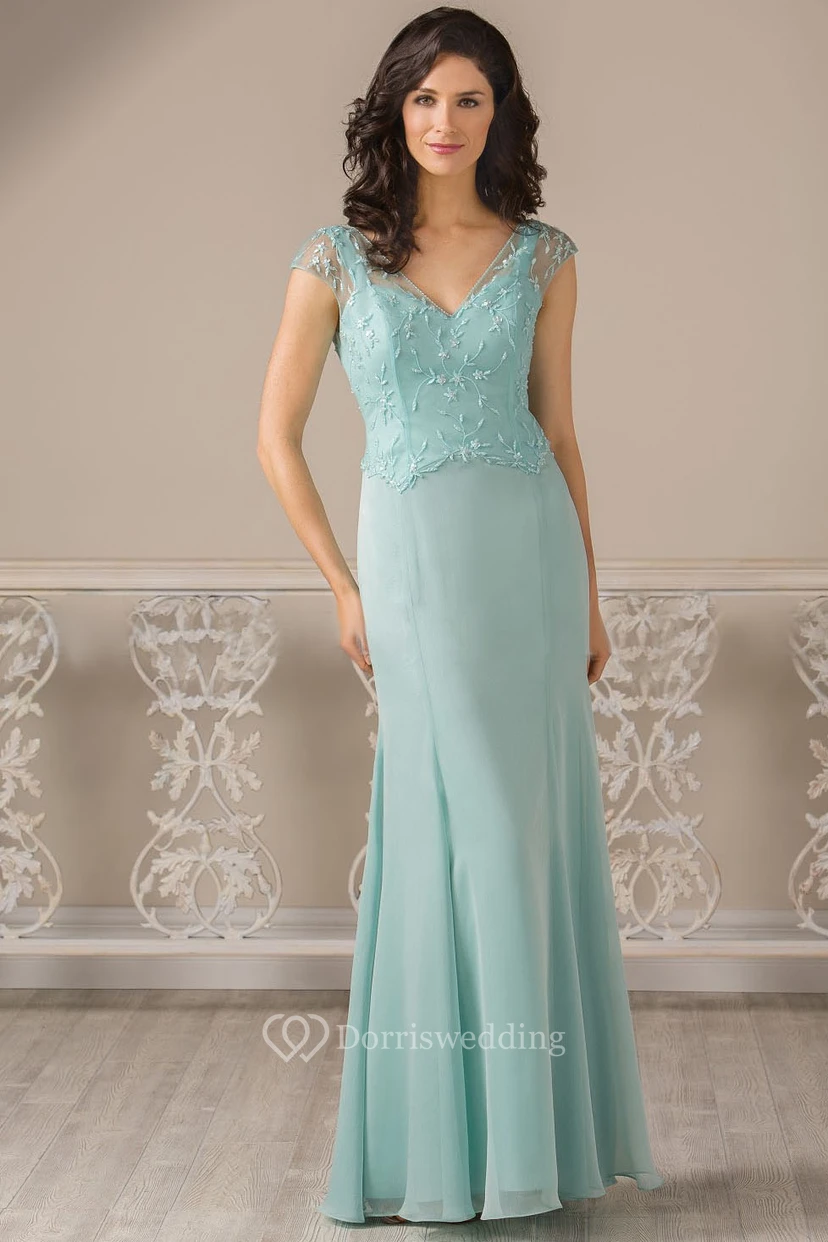 V-Neck Cap-Sleeved Long Mother Of The Bride Dress With Pleats And Appliques