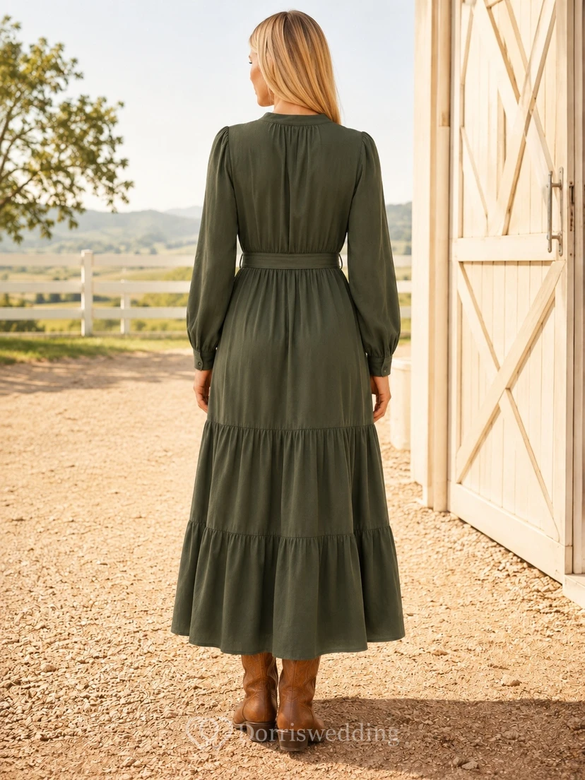 Olive Long Sleeve Tiered Country Midi Dress Classic view 2