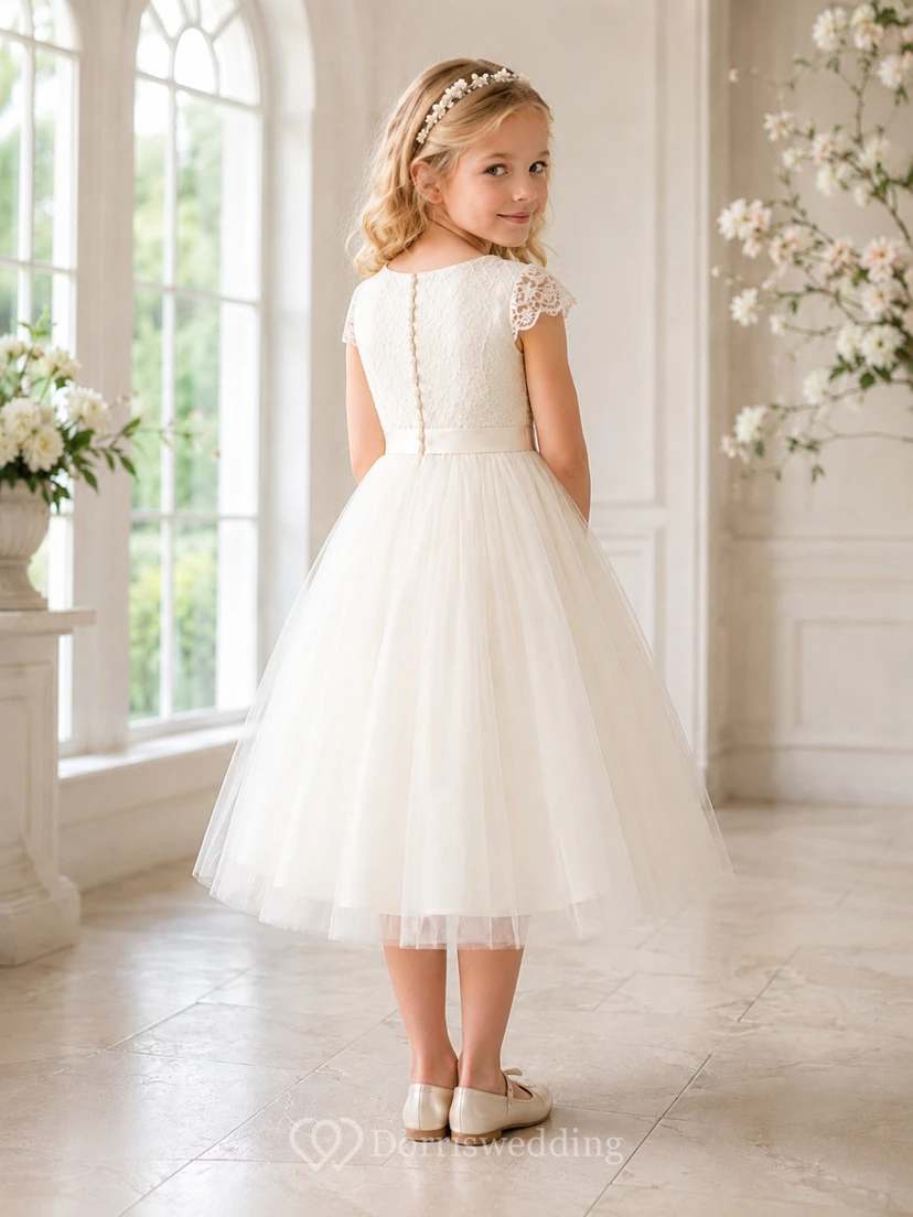 Robe de demoiselle d'honneur en tulle à manches courtes en dentelle, coupe trapèze, longueur thé, boutonnée au dos, idéale pour un jardin. view 2