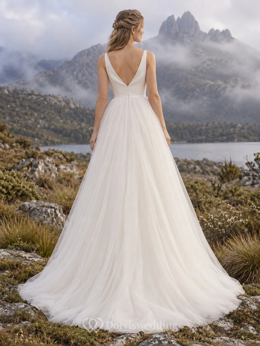 Simple V-Neck Sleeveless Tulle A-Line Floor-Length Bridal Wedding Dress view 2