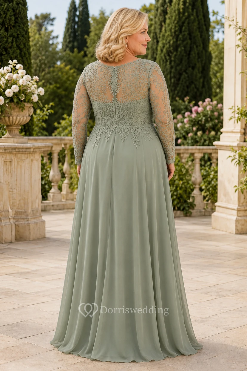 MOB-Kleid aus salbeigrünem Chiffon mit Spitze, A-Linie, langen Ärmeln, V-Ausschnitt, bodenlang view 2
