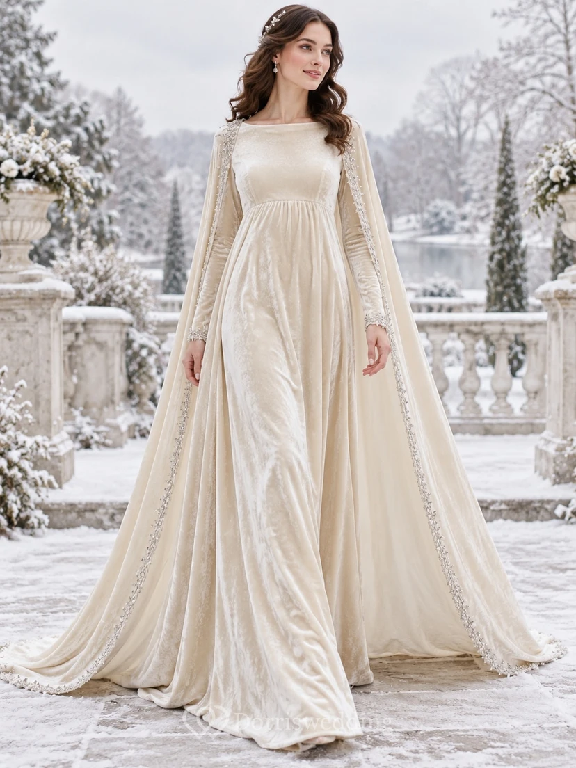 Vestido de novia de corte A con capa de terciopelo y cuello joya de manga larga y modesto estilo invierno