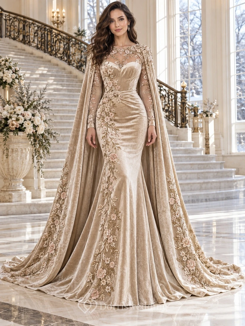 Vestido de novia romántico de terciopelo con capa floral color champán y mangas largas estilo sirena para invierno.