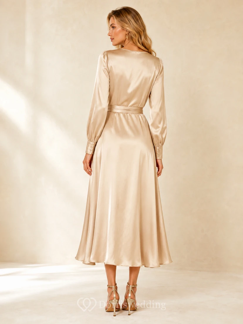 Champagne V-Neck Puff-Sleeve Sashed Satin Simple A-Line Tea Cocktail Dress view 2