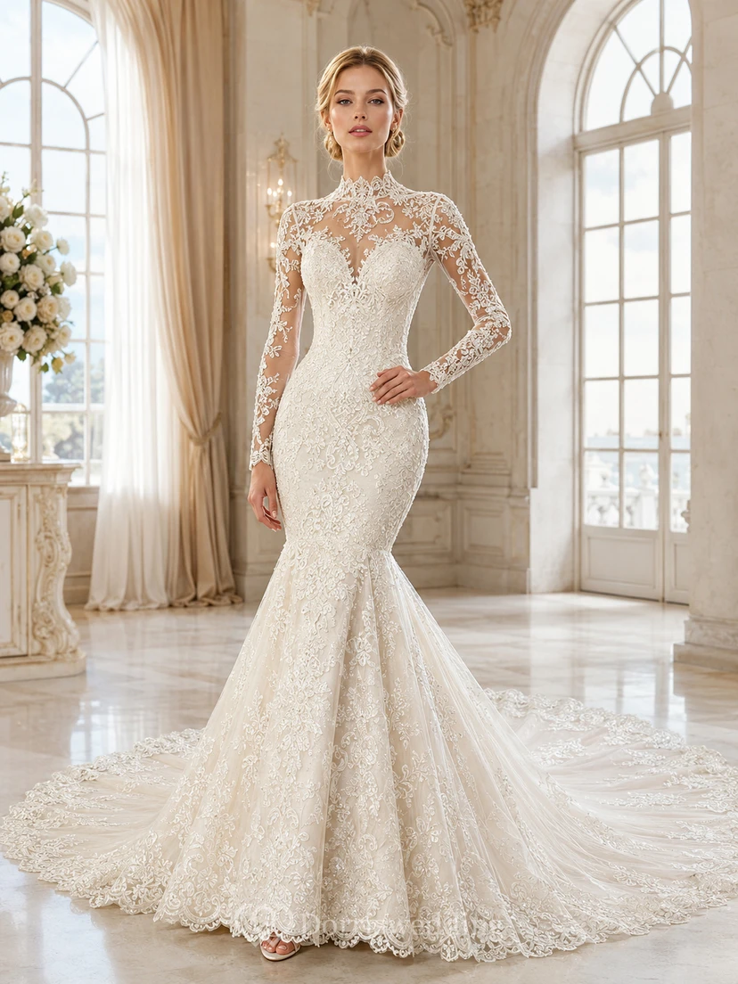 Robe de mariée sirène en dentelle à manches longues et col montant, avec boutons illusion et traîne chapelle