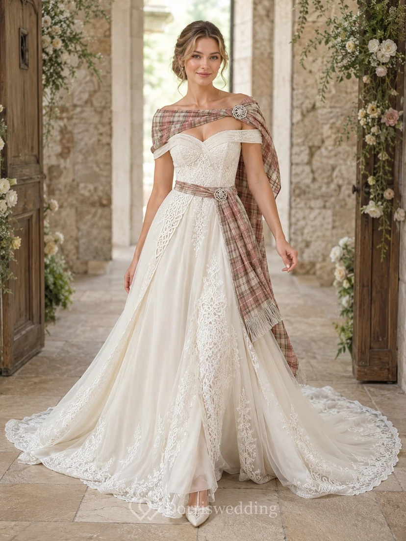 Traditionelles schottisches Highland-Tartan-Schal-Brautkleid mit schulterfreiem Spitzen-A-Linien-Schnitt