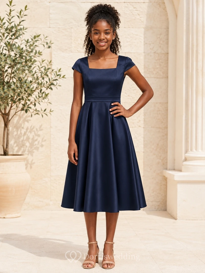 Dunkelblaues Brautjungfernkleid für junge Damen, A-Linie, eckig, kurze Flügelärmel, Teelänge, schlicht, aus Satin