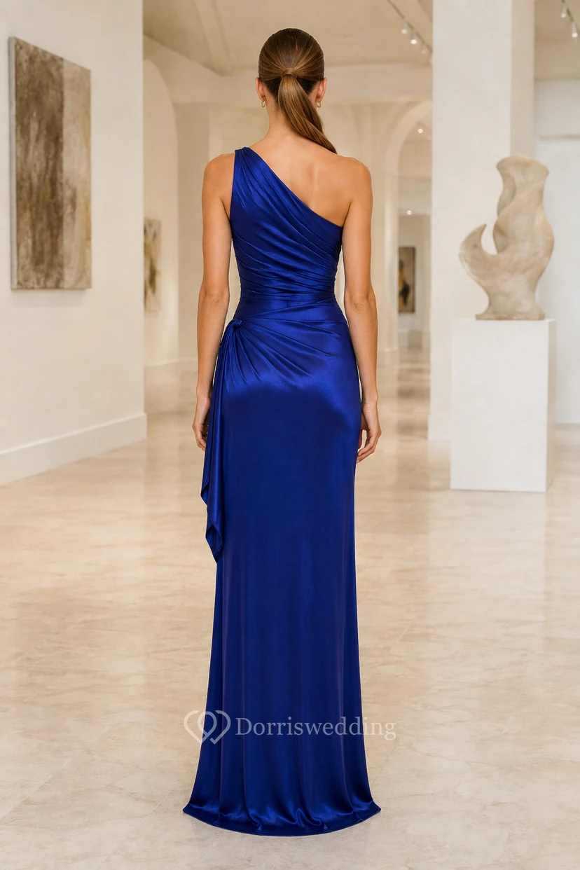 Royal Blue One-Shoulder Satin Sheath Formal Dress view 2