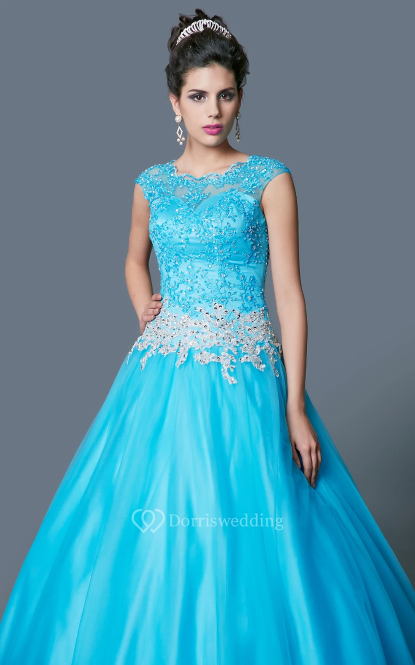 Classic Bateau Neck Lace and Tulle Ball Gown view 2