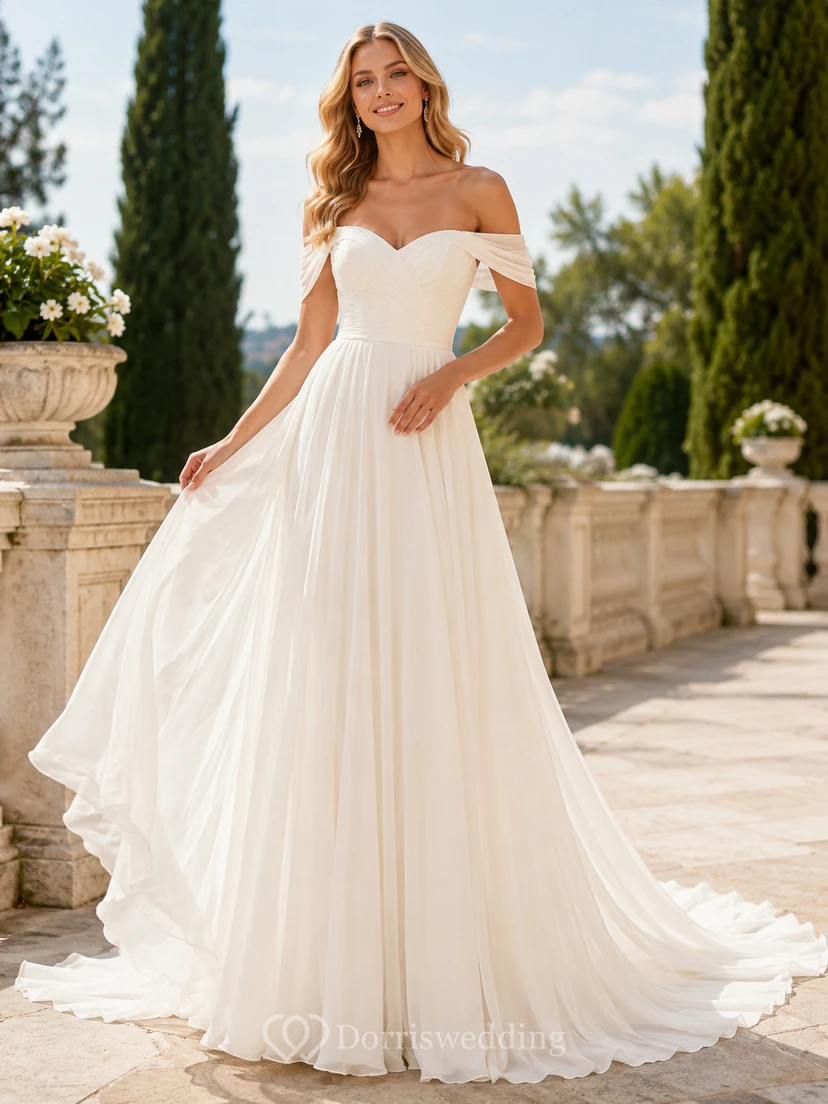 Robe de mariée romantique en mousseline de soie Chapel Breeze, coupe trapèze, longueur au sol, épaules dénudées, manches courtes.