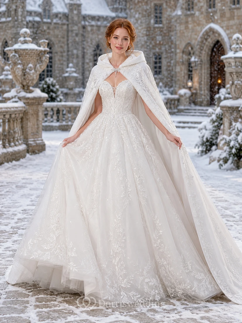 Winterliches Brautkleid mit Kapuze und Cape aus Spitze