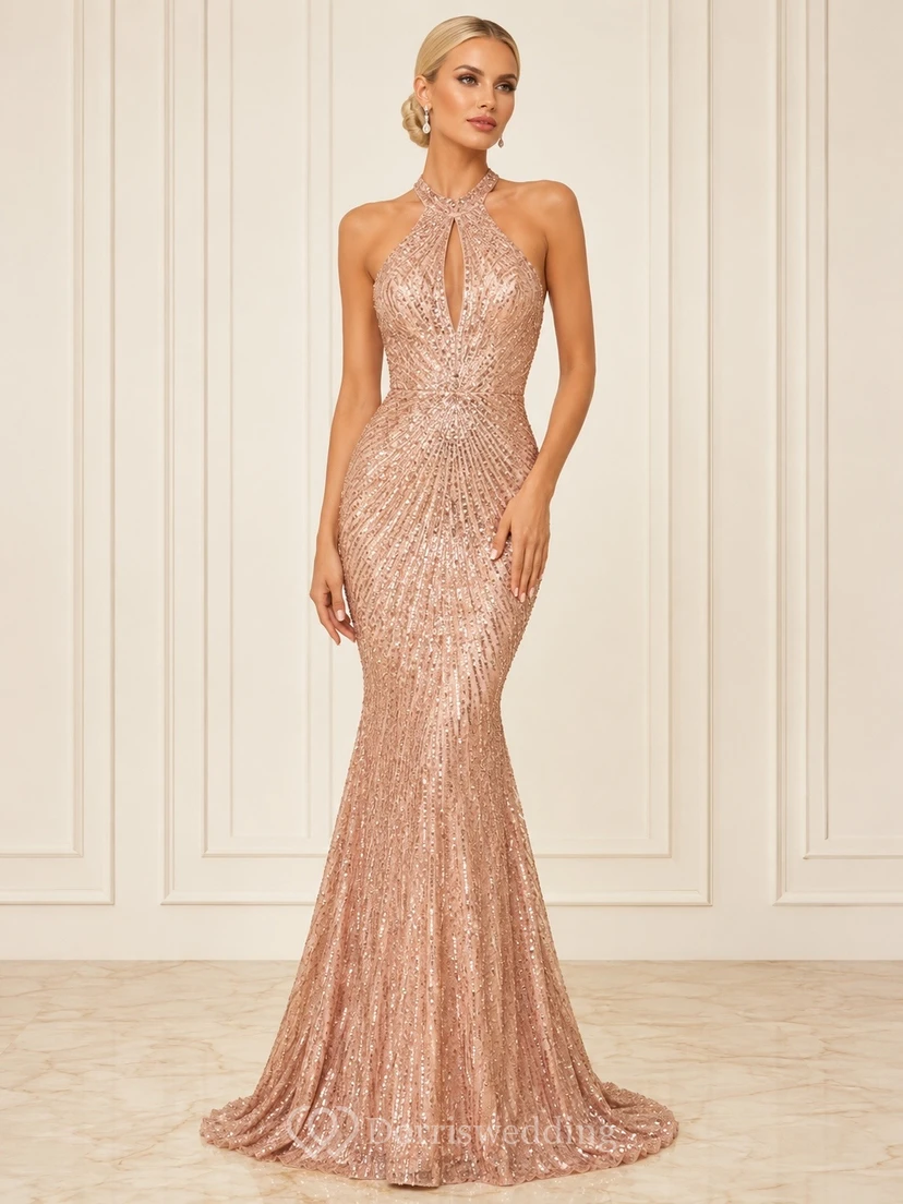 Champagne Sequins Halter-Neck Sleeveless Mermaid Sweep-Train Sequin Evening-Gown