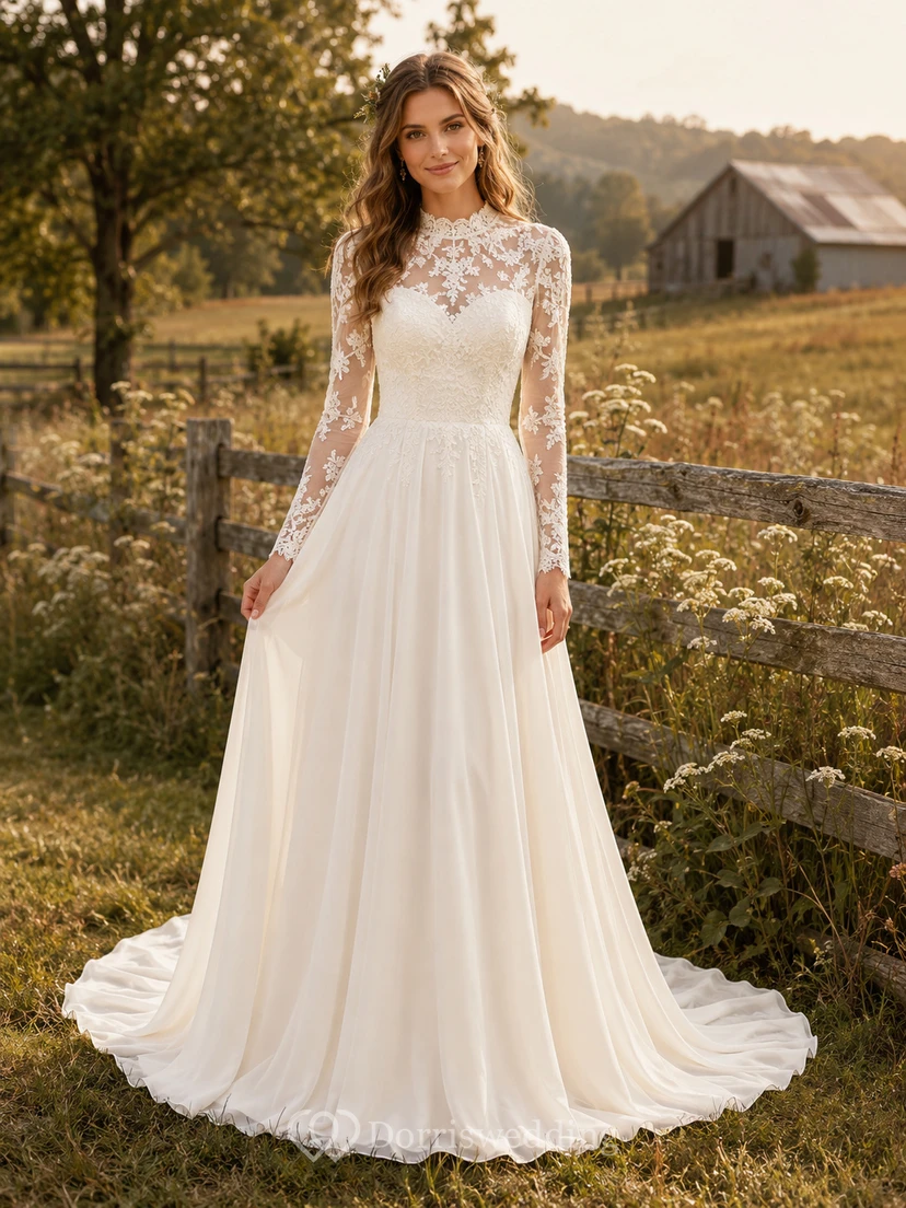 Vestido de novia de encaje campestre, corte A, escote en V, manga larga, cola de capilla.