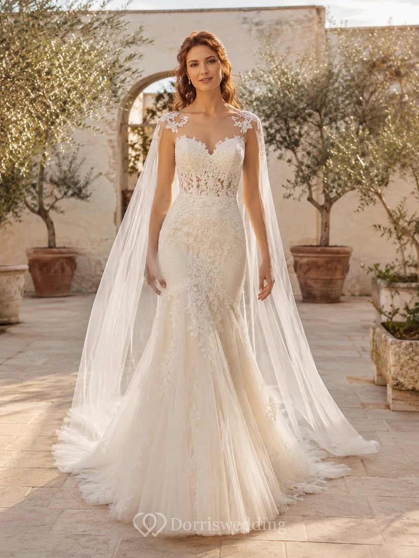 Robe de mariée élégante en dentelle et tulle, épaules dénudées, manches cape, traîne chapelle et dos illusion