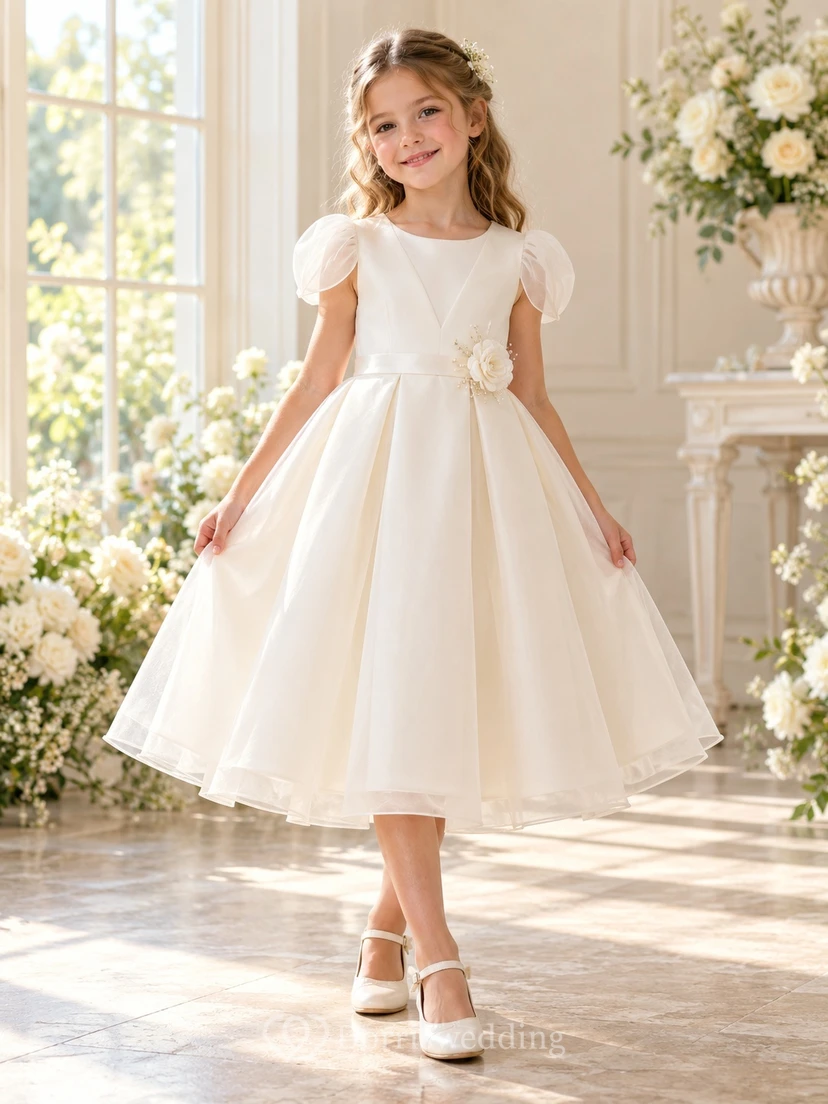Ivory Tulip Sleeve Floral Waist Organza Tea-length Flower Girl Dress