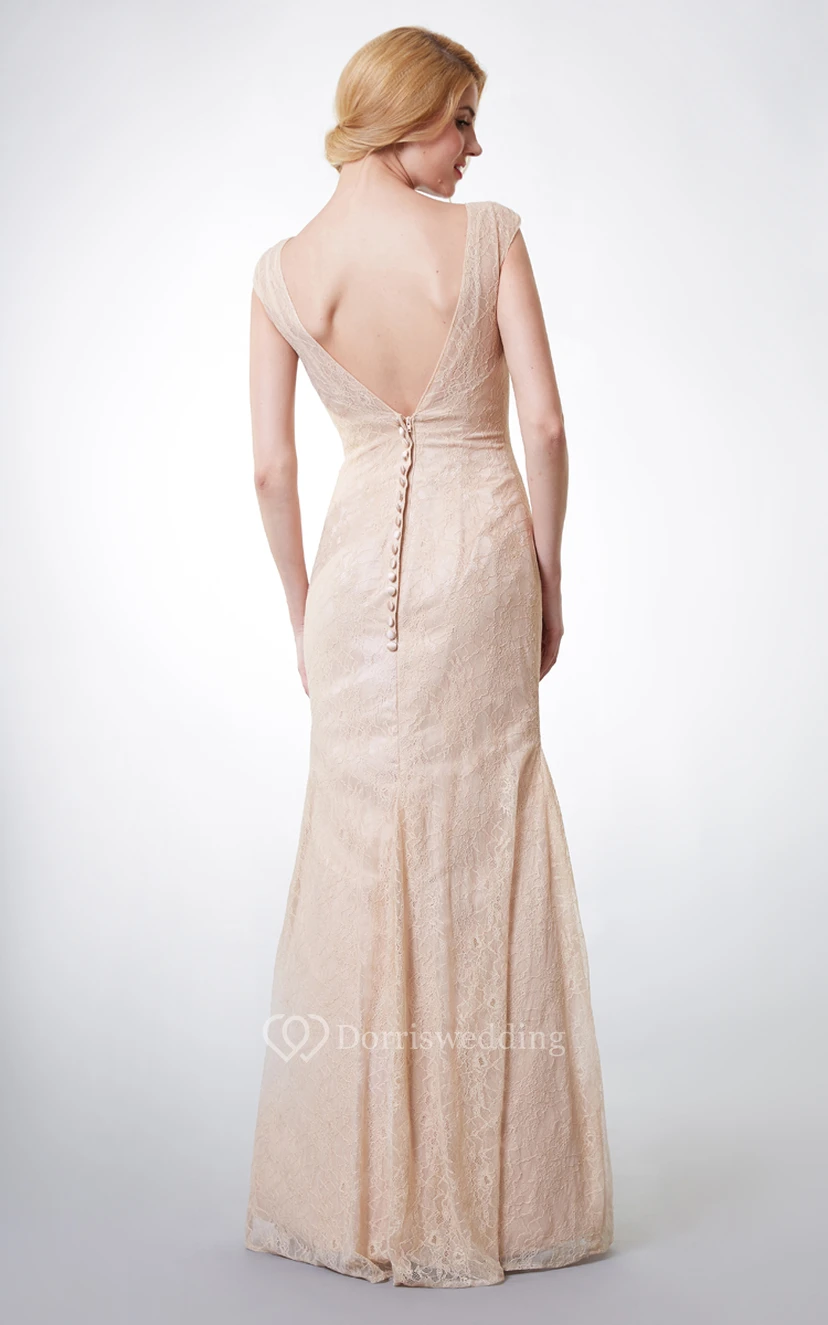 Cap-sleeved V Neck Long Lace Dress With Deep V Back view 3