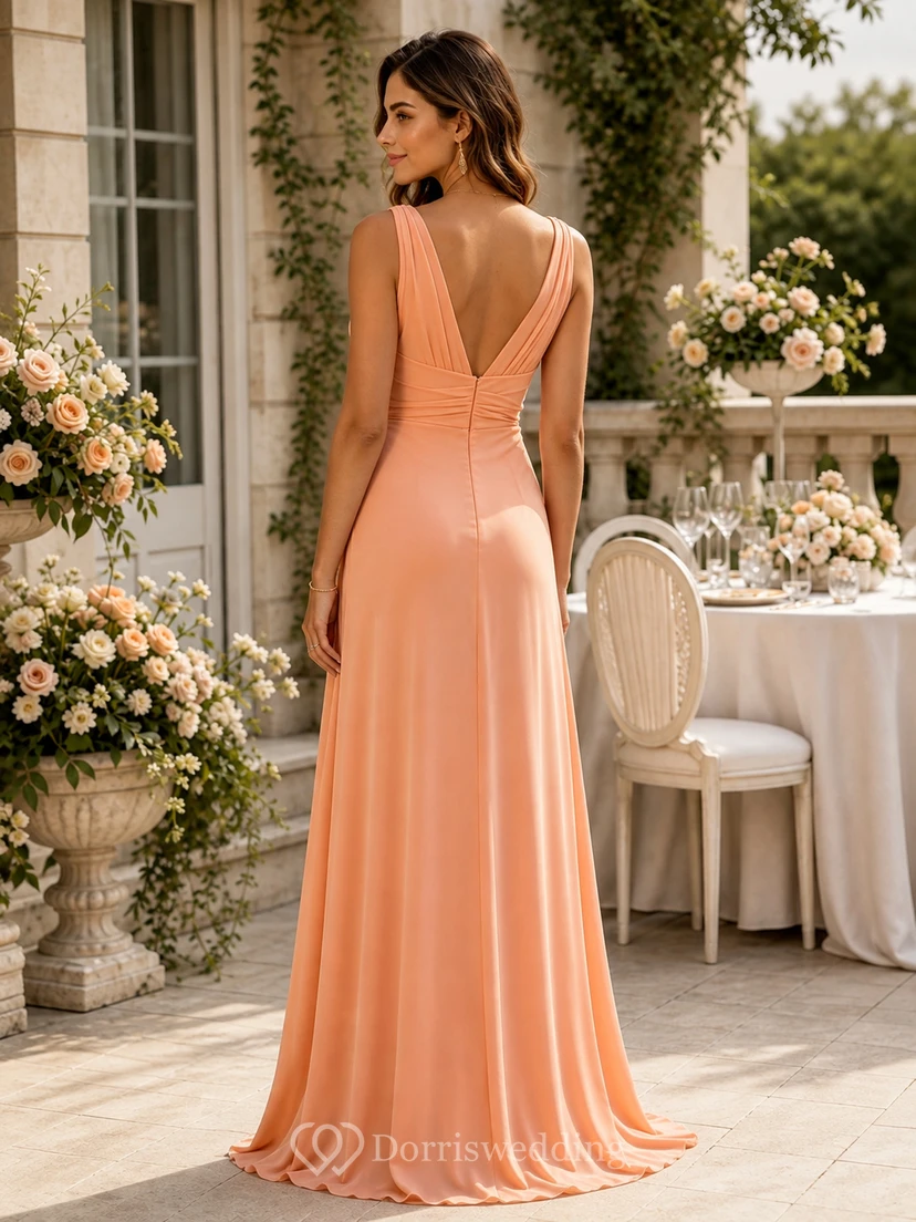 Korallenfarbenes Chiffonkleid in A-Linie mit V-Ausschnitt und Rüschenschlitz view 2