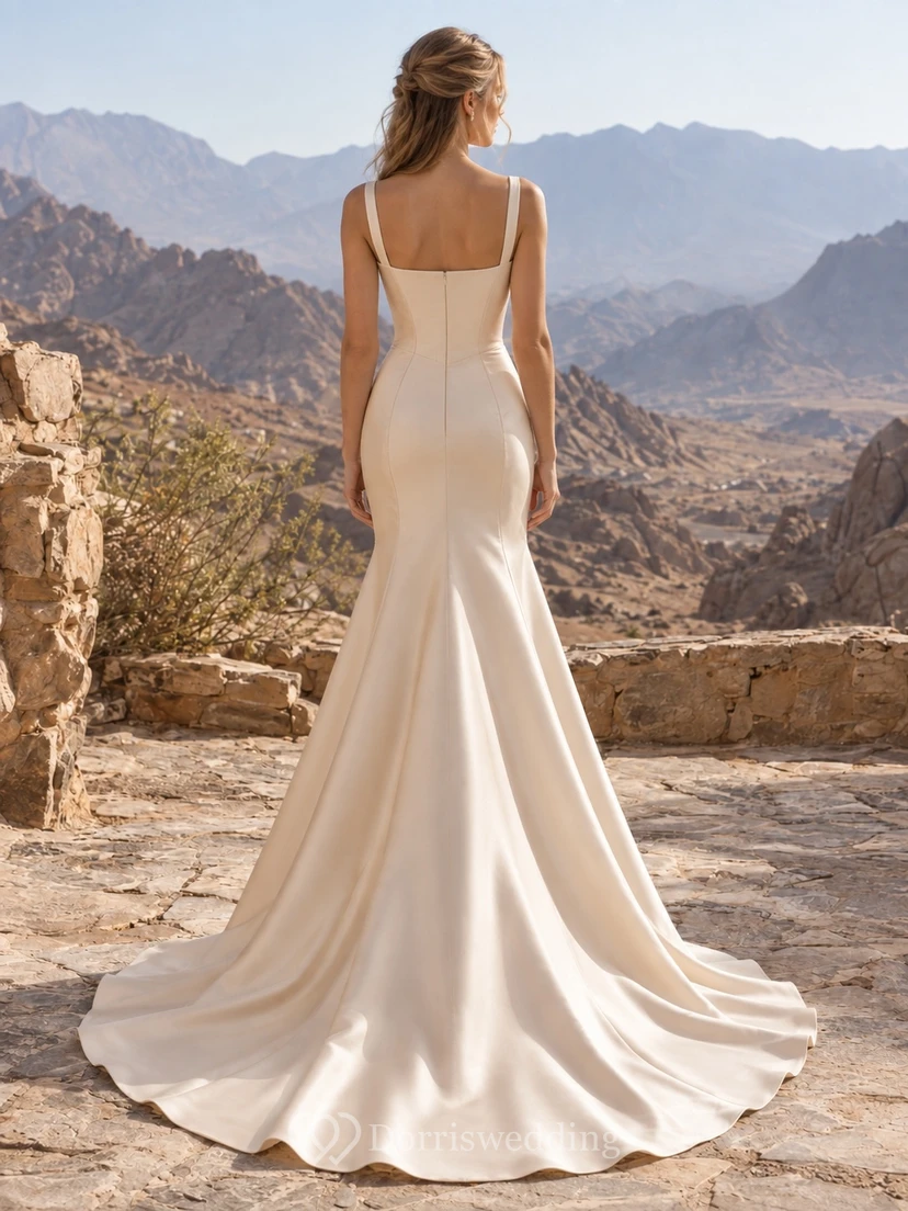 Vestido de novia sencillo de corte sirena color champán, escote cuadrado, sin mangas, de satén, con tirantes anchos y cola larga. view 2