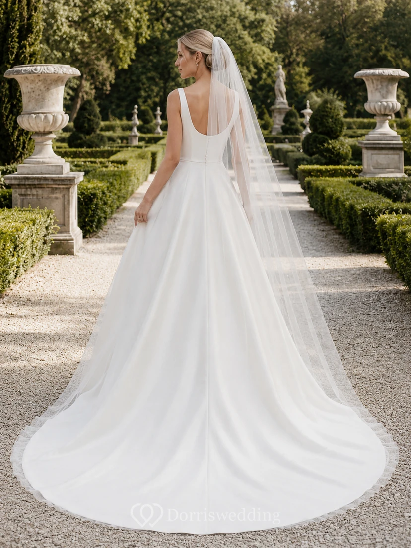 Minimalist Square Neck Satin A-Line Garden Wedding Dress view 2