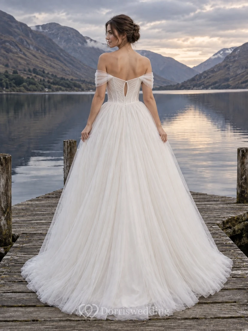 Off Shoulder Tulle Ball Gown Wedding Dress with Sweetheart Bodice and Keyhole Back view 2