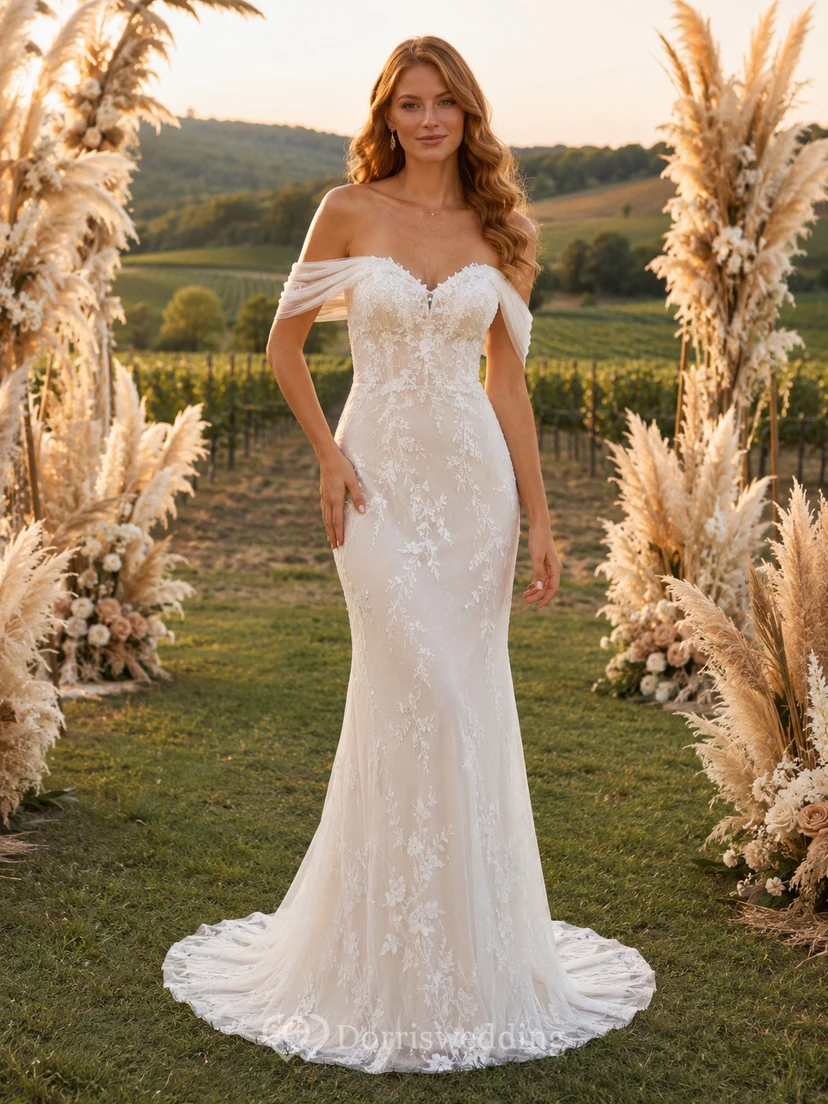 Off Shoulder Lace Sheath Garden Pampas Wedding Dress