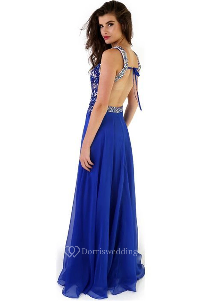 A-Line Sleeveless Floor-Length Crystal Scoop Chiffon Prom Dress With Backless Style And Pleats view 2