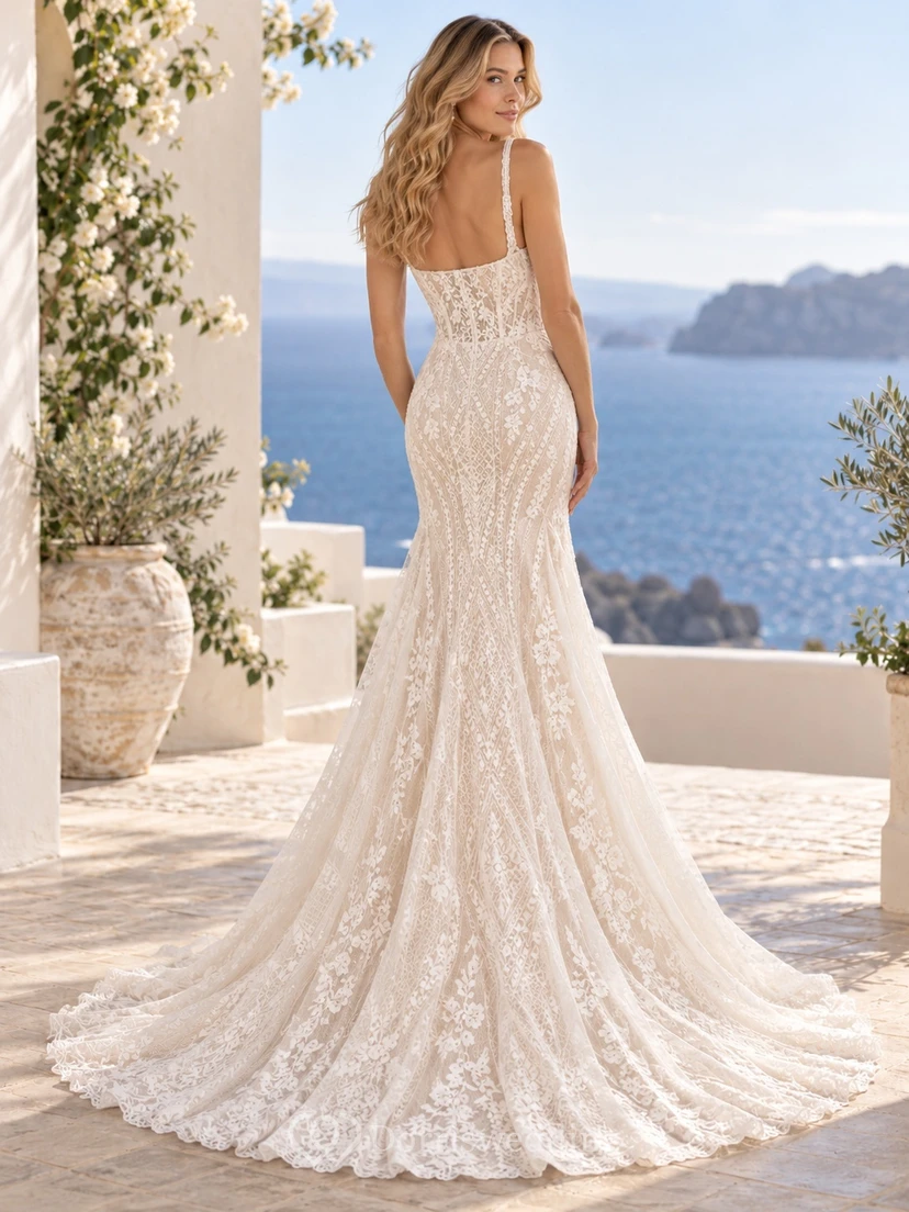 Fit and Flare Hochzeitskleid mit eckigem Ausschnitt, Spaghettiträgern und Schleppe aus Spitze view 2