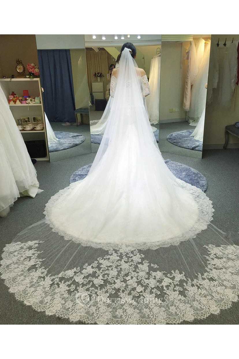 Romantic Tulle Long Wedding Veil with Lace Edge view 2