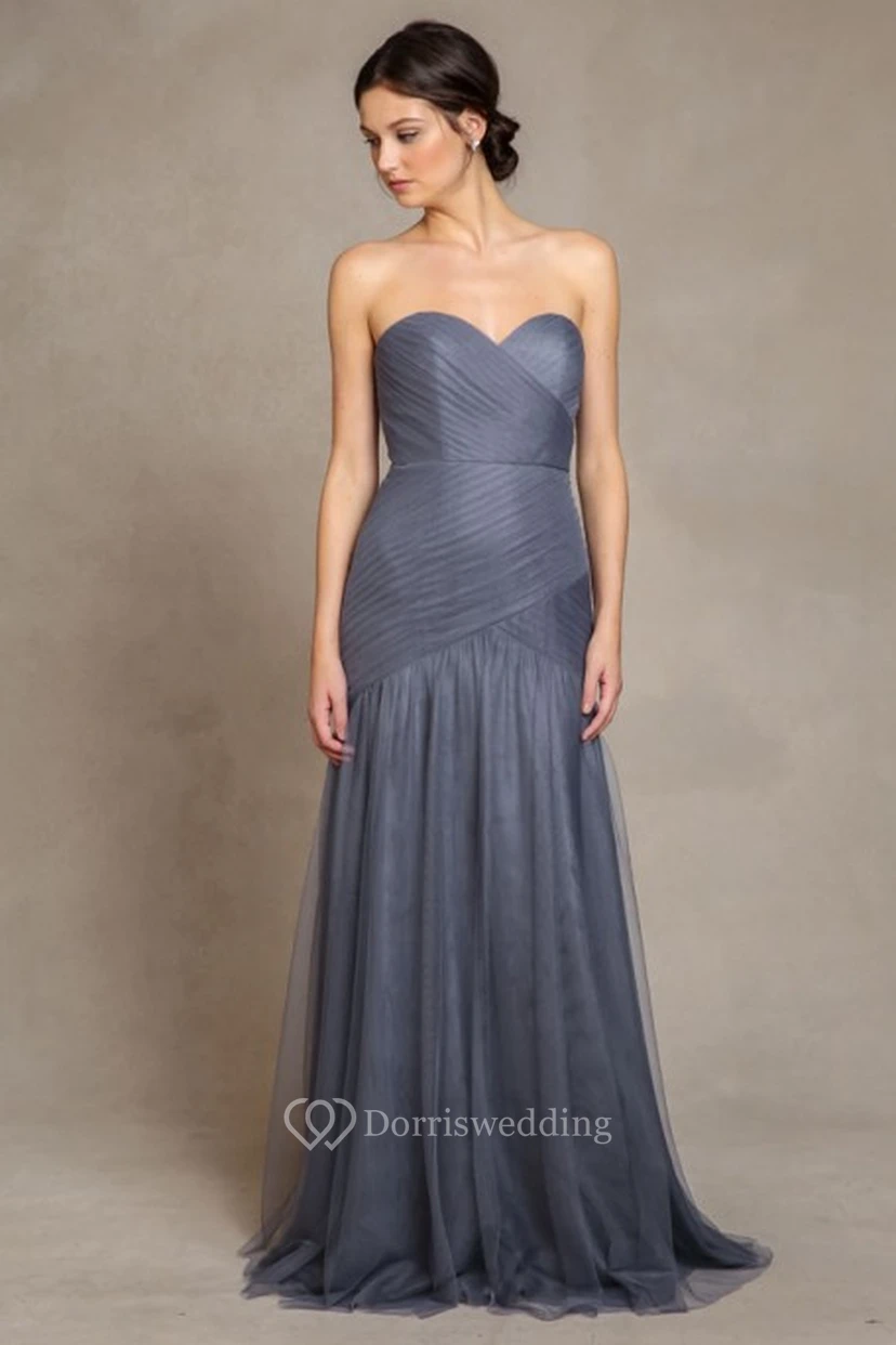A-Line Criss-Cross Sweetheart Long Sleeveless Tulle Bridesmaid Dress