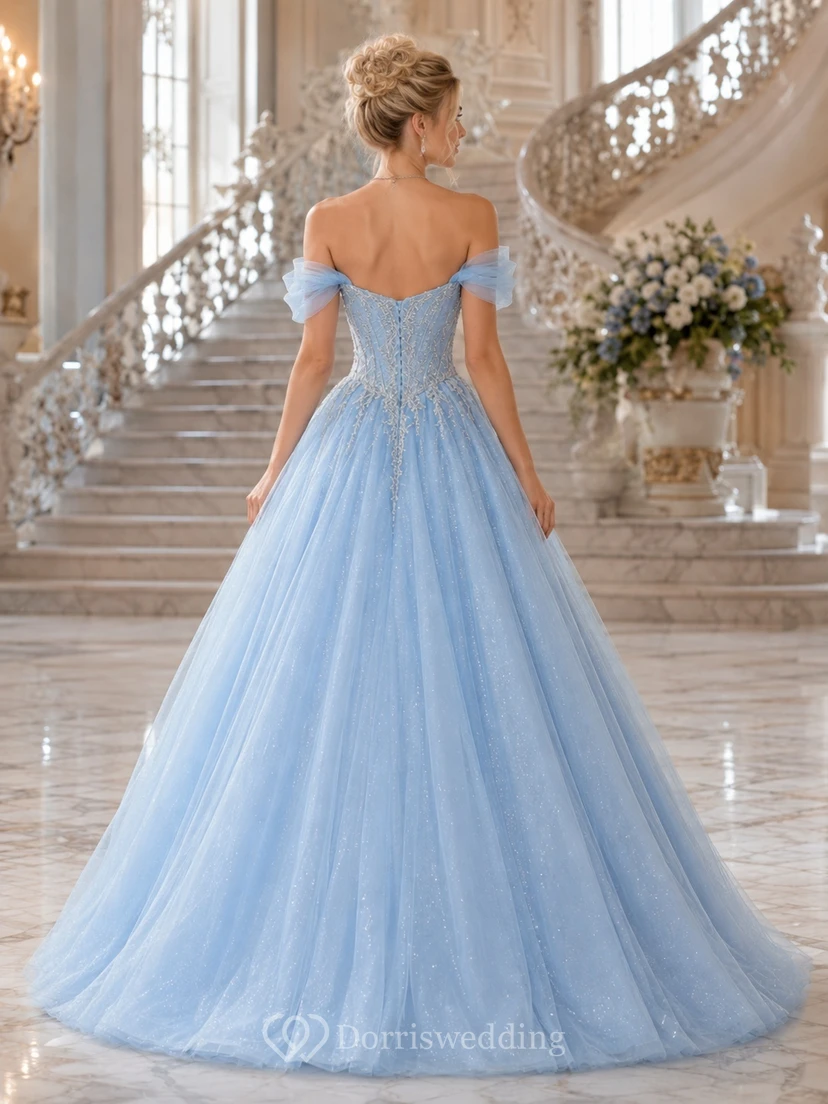 Himmelblaues schulterfreies Tüll-Ballkleid, bodenlang, perfektes Kleid für den 16. Geburtstag view 2