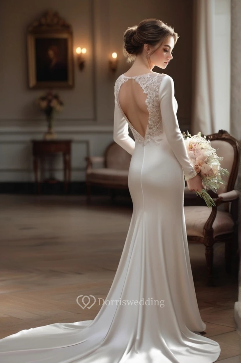 Simple Satin Long Sleeve Sheath Wedding Dress with Court Train and Keyhole Back view 6