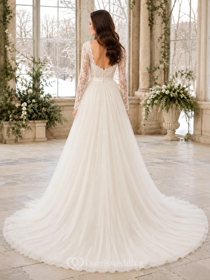 Affordable Long Sleeve Lace Tulle A-Line Winter Bridal Gown view 2