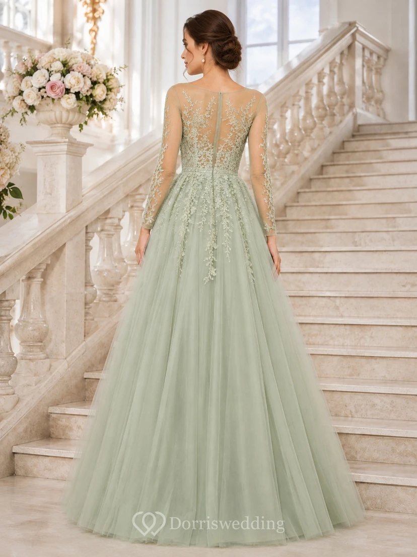 Vestido de noche largo hasta el suelo, sin mangas, de encaje y tul, estilo romántico y romántico, color verde salvia. view 2