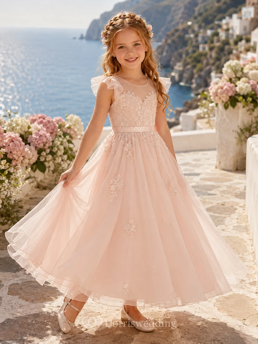 Adorable A-Line Flower Girl Dress with Square Neck Peach Tulle Lace Floral Beach Party