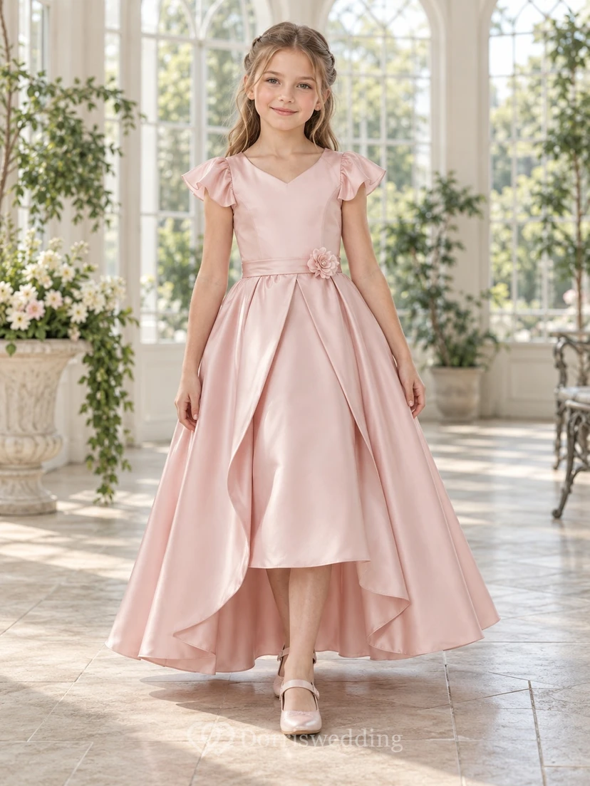 High-low Blush V-neck Flutter Sleeve Floral Satin Flower Girl Dress