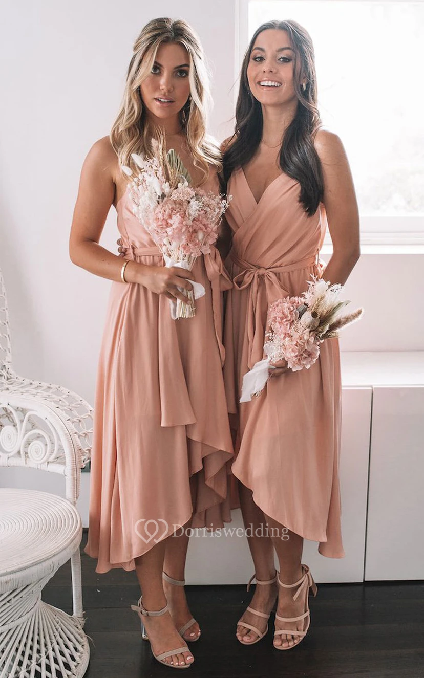 Empire V-neck Spaghetti Strap High Low Chiffon Bridesmaid Dress with Ruching and Bow