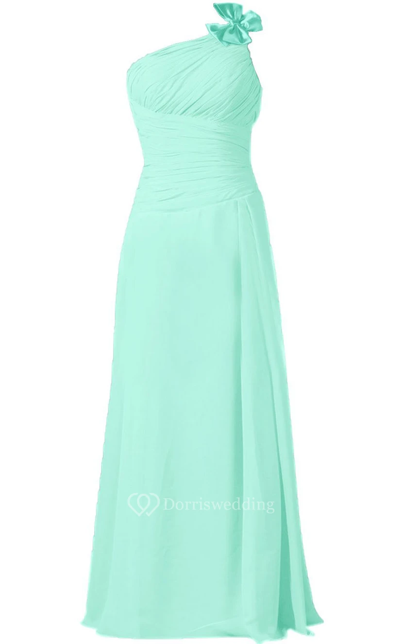 One-shoulder Ruched Chiffon A-line Gown With Bow view 14