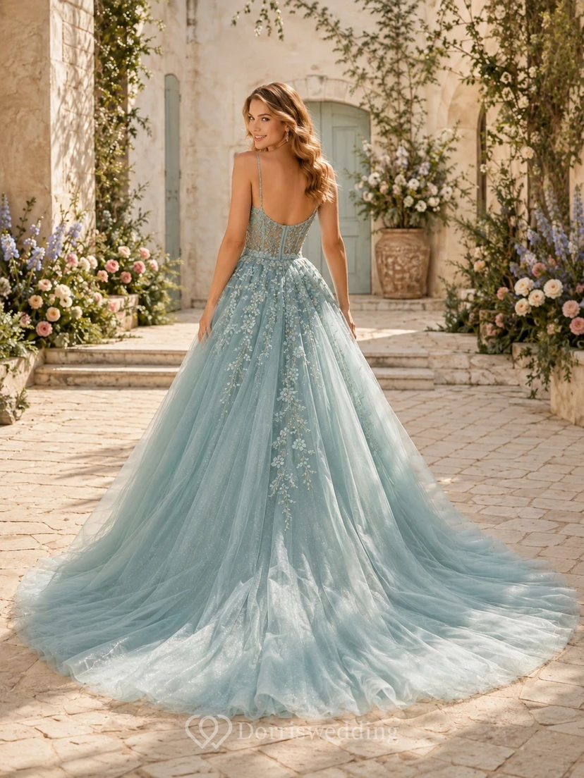 Sky Blue Spaghetti Lace Glitter Tulle Ball Gown Chapel Train Wedding Dress view 2